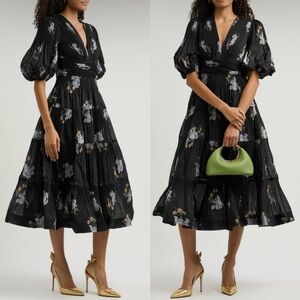 AU1 Zimmermann Pleated Black Iris Floral V Neck Midi Dress